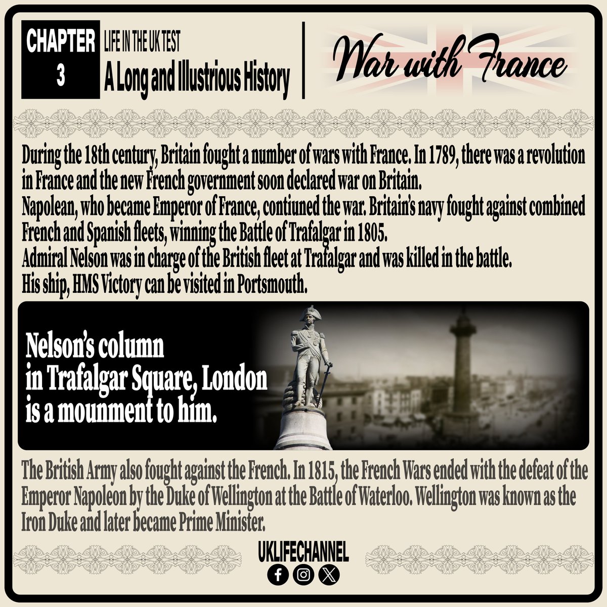 UKLifeChannel1's tweet photo. LIFE IN THE UK TEST
War with France
#uklifechannel #lifeintheuktest #unitedkingdom #greatbritain #england #scotland #wales #northernireland #warwithfrance #emperornapolean #BattleofTrafalgar #admiralnelson #hmsvictory #nelsonscolumn #dukeofwellington #battleofwaterloo #ironduke https://t.co/03tV8788N5