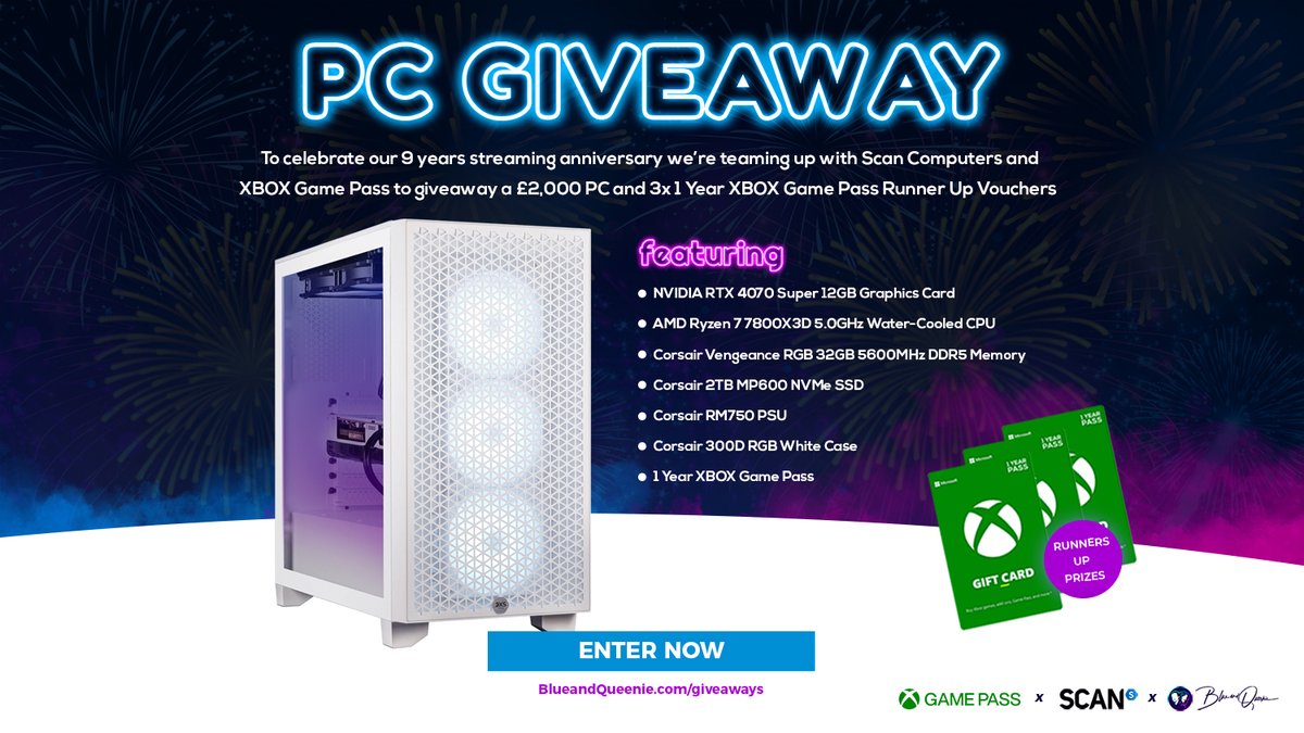 🏆 PC + XBOX GAME PASS #GIVEAWAYS 🏆 We're celebrating our 9 years streamaversary by giving away a £2,000 PC with NVIDA RTX 4070 Super GPU and 3x 1 year XBOX Game Pass #ad 🔹Follow @BlueandQueenie 🔹Follow @ScanGaming 🔸Retweet 🔸Tag a friend ➡️ Join BlueandQueenie.com/giveaways
