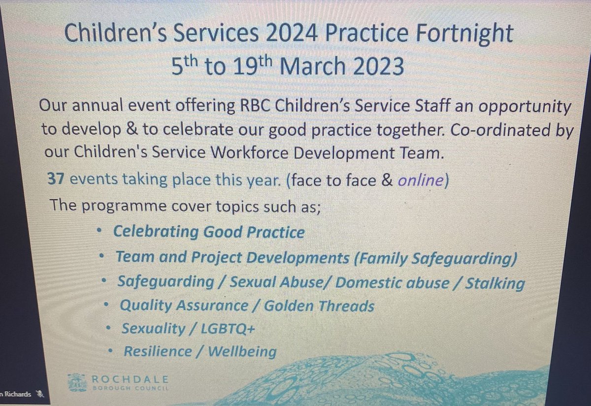 Today <a href="/RochdaleCouncil/">Rochdale Borough Council</a> - children’s services we launched our practice fortnight, started with an inspirational opening speech from our DCS <a href="/SharonHubber/">sharon hubber</a> looking forward to 37 great sessions, delivered alongside our partners <a href="/SteveKayFRSA/">Steve Kay</a> <a href="/SamSirisambhand/">Sam Sirisambhand</a> #raisingrochdale