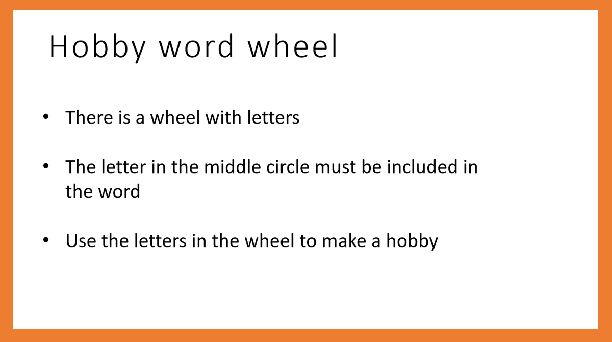 AphasiaIcafe's tweet photo. We incorporated group members' hobbies into a game around finding hobbies in a wheel. Word wheel has a range of benefits for aphasia, including: practicing word retrieval; vocabulary enhancement; cognitive stimulation. #communicationGroups #aphasia https://t.co/6H7ZRfKTmd
