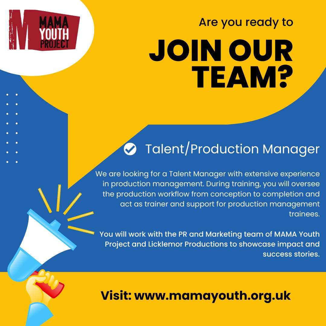 ⚠️ 6 DAYS TO APPLY ⚠️ #Wearehiring a Talent Manager w/ extensive experience in production management! Job details ➡️ ow.ly/MSvL50QFhak Please send CV &supporting statement to: cristina@mamayouthproject.org.uk Deadline 🔜 7 March Spread the word! 📢 #mediajobs #tv