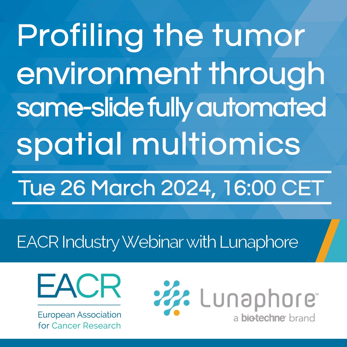 EACR (@eacrnews) on Twitter photo Join us for our next Industry Webinar with <a href="/lunaphore/">Lunaphore (a Bio-Techne brand)</a>, 'Profiling the tumour environment through same-slide fully automated spatial multiomics'
📅 26 March
🕓 16:00 CET
🌍 Zoom
➡️ eacr.org/meeting/-profi… Join us for our next Industry Webinar with <a href="/lunaphore/">Lunaphore (a Bio-Techne brand)</a>, 'Profiling the tumour environment through same-slide fully automated spatial multiomics'
📅 26 March
🕓 16:00 CET
🌍 Zoom
➡️ eacr.org/meeting/-profi…