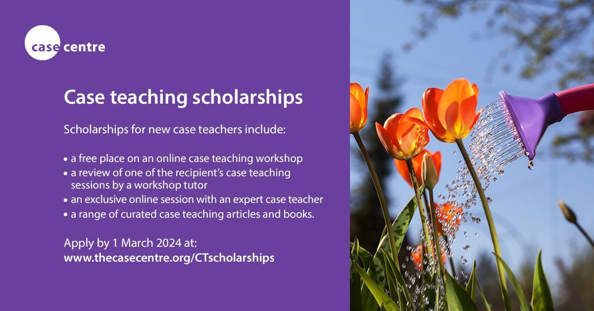 🚨 LAST CHANCE 🚨 

Applications for our Case Teaching Scholarship programme close at midnight!

As part of our mission to support and inspire case method practitioners, we offer 🔟 scholarships to new case teachers yearly.

👉 thecasecentre.org/CTscholarships 

<a href="/cases_hazel/">Hazel Walker</a> <a href="/cases_lizzy/">Elizabeth Thorne</a>