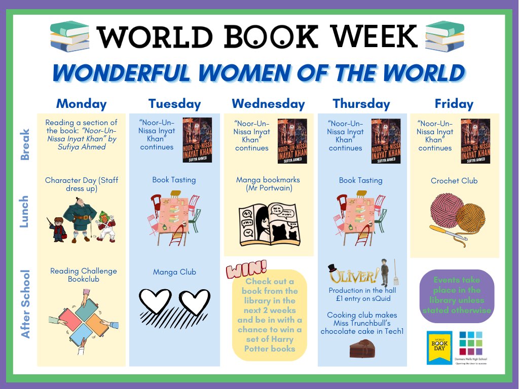 DormersWellsHS's tweet image. Next week is #WorldBookWeek and #NationalCareersWeek.
Our week is packed full of fun activities. From careers quizzes, videos and presentations in form time, to games and clubs at break, lunch and after school.
We&apos;re even baking the chocolate cake from Matilda.
Stay tuned!