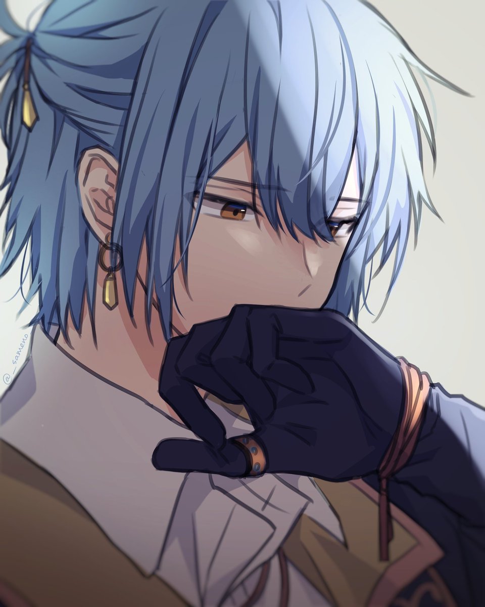 1boy male focus gloves jewelry solo earrings blue hair  illustration images