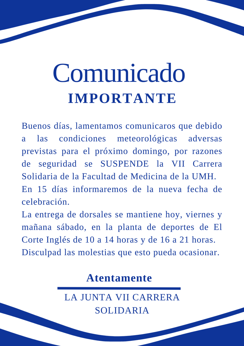 carreraumh's tweet photo. COMUNICADO IMPORTANTE. SE CANCELA LA VII CARRERA SOLIDARIA https://t.co/wDpstZfITH
