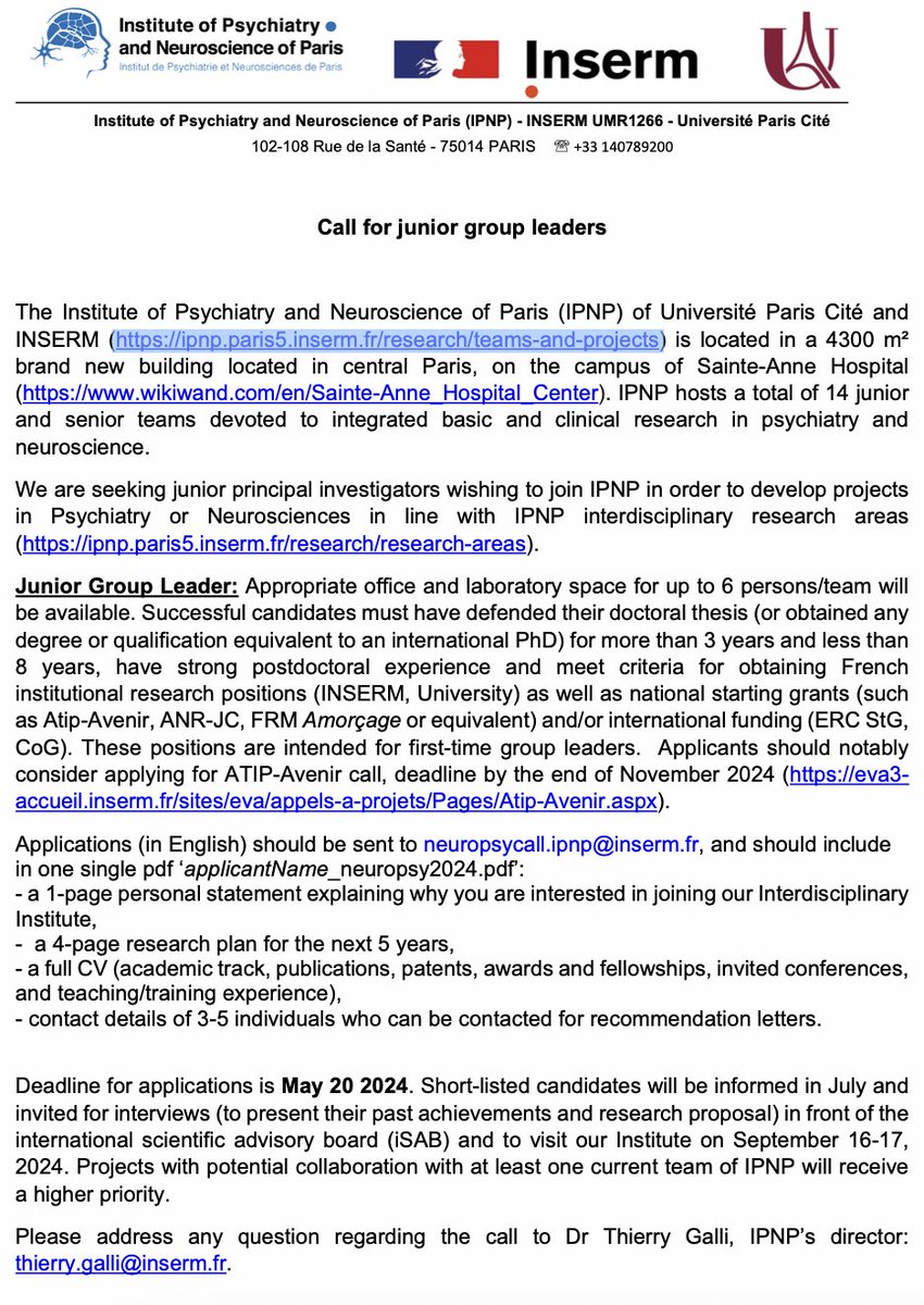 IPNP CALL 2024 FOR JUNIOR GROUP LEADERS Are you ready to start your own lab in the fields of basic and clinical research in psychiatry/neuroscience? We are waiting for your application! ipnp.paris5.inserm.fr/actualites/aut… #neuroscience #neurojobs @INSERM #neuroscienceresearch