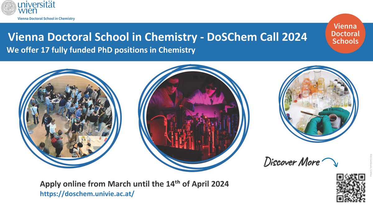 University of Vienna STEM (@stem_univie) on Twitter photo The Vienna Doctoral School in #Chemistry (DoSChem) of <a href="/univienna/">Universität Wien</a> offers 17 fully funded #PhD positions, the call is open now until 14 April. Spread the word and apply here: ⤵
doschem.univie.ac.at/application/
(c) 📷 DoSChem #univie The Vienna Doctoral School in #Chemistry (DoSChem) of <a href="/univienna/">Universität Wien</a> offers 17 fully funded #PhD positions, the call is open now until 14 April. Spread the word and apply here: ⤵
doschem.univie.ac.at/application/
(c) 📷 DoSChem #univie