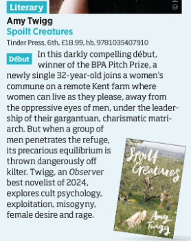 Who doesn't love a women's commune where things get out of hand? @aetwigg's debut Spoilt Creatures will keep you hooked. @TinderPress @thebookseller