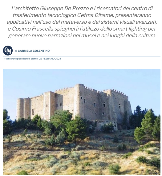 CETMA (@consorzio_cetma) on Twitter photo 🏰Intelligenza artificiale nei musei del futuro al Castello di Miglionico
<a href="/LaGazzettaWeb/">La Gazzetta del Mezzogiorno</a>⤵️
t.ly/5eWzs
<a href="/edih_net/">European Digital Innovation Hubs Network</a> #EDIH #beniculturali #multimedia #AI 🏰Intelligenza artificiale nei musei del futuro al Castello di Miglionico
<a href="/LaGazzettaWeb/">La Gazzetta del Mezzogiorno</a>⤵️
t.ly/5eWzs
<a href="/edih_net/">European Digital Innovation Hubs Network</a> #EDIH #beniculturali #multimedia #AI