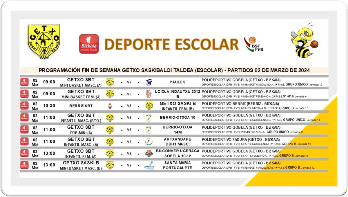 CARTELERA PARTIDOS ESCOLARES FIN DE SEMANA 02 DE MARZO 🗓️ Estos son los partidos de nuestros equipos escolares para este fin de semana. ⛹️‍♀️⛹️🏀 1,2,3 GETXOOO!!!! ⚫️🟡 #Getxosaski #getxokirolak