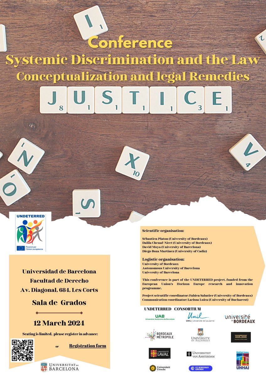 Preparations are in the final stages for the conference "Systemic discrimination and the law. Conceptualization and legal remedies". We will be at the University of Barcelona on 12 March 2024 for our first international conference  The program  will be available shortly.