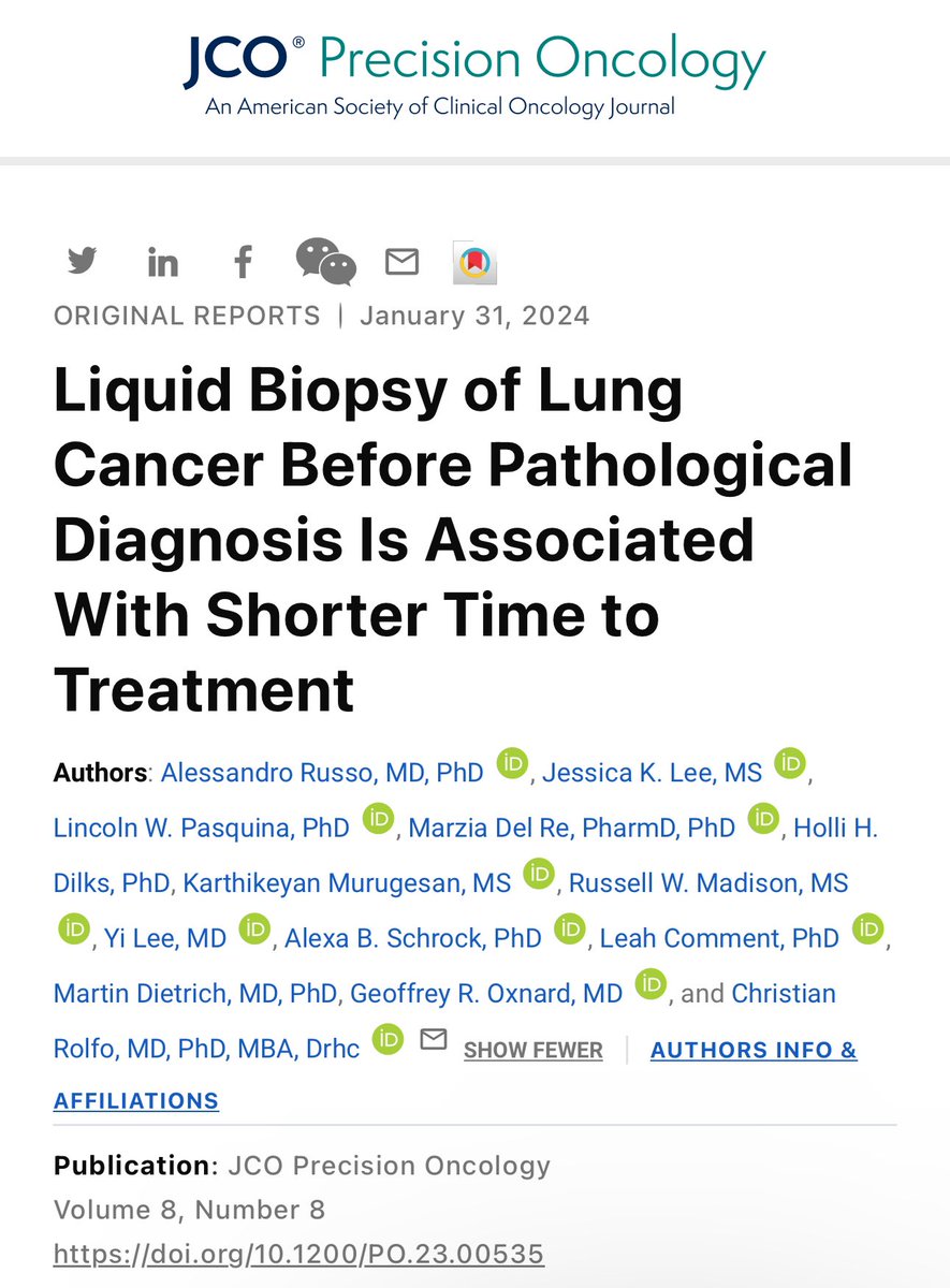 Lung cancer is largely a radiographic diagnosis. Ordering liquid bx prior to tissue confirmation accelerates timeline to treatment. Important for early and late stage disease. Thank you for the great collaboration! @geoff_oxnard @ChristianRolfo @BrunaPellini #ngs #liquidbiopsy
