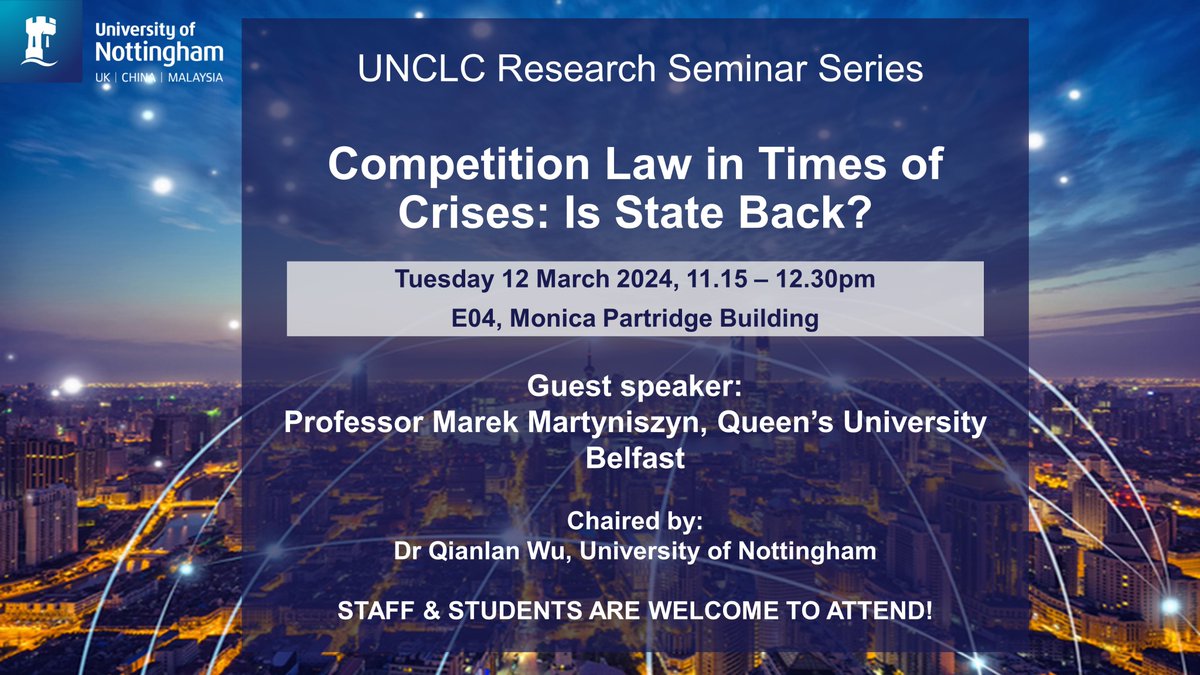 .<a href="/CLC_uon/">UoN Commercial Law Centre</a> Research Seminar Series welcomes Professor <a href="/Martyniszyn/">Marek Martyniszyn</a> from @QUBSchoolofLaw
on 12 March from 11.15-12.30pm in E04, Monica Partridge.   

This event will be chaired by Dr Qianlan Wu.    

All law staff and students are welcome to attend!
