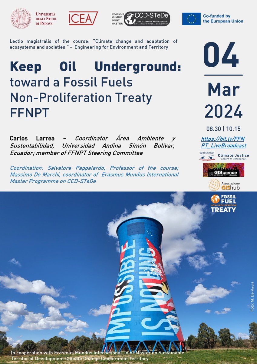 Just Fossil Fuel Transitions - Jean Monnet CoE (@coe_unburnable) on Twitter photo 04th March | 08.30 - 10.15 (GMT+1)
#Webinar - Prof. Carlos Larrea speaks about #Phaseout from #FossilFuels and #FFNPT
Event in ENG and ITA
Join Now: forms.gle/9Q1xkGMMzsYrWh…
<a href="/fossiltreaty_It/">Campagna globale per un #FossilfuelTreaty</a> <a href="/fossiltreaty/">Fossil Fuel Non-Proliferation Treaty Initiative</a> <a href="/UltimaGenerazi1/">Ultima Generazione | Il Giusto Prezzo</a> <a href="/ScientistRebel1/">Scientist Rebellion</a> <a href="/endfossil/">End Fossil International</a> <a href="/CJAOurPower/">Climate Justice Alliance (CJA) 🌻</a> <a href="/vanessa_vash/">Vanessa Nakate</a> 04th March | 08.30 - 10.15 (GMT+1)
#Webinar - Prof. Carlos Larrea speaks about #Phaseout from #FossilFuels and #FFNPT
Event in ENG and ITA
Join Now: forms.gle/9Q1xkGMMzsYrWh…
<a href="/fossiltreaty_It/">Campagna globale per un #FossilfuelTreaty</a> <a href="/fossiltreaty/">Fossil Fuel Non-Proliferation Treaty Initiative</a> <a href="/UltimaGenerazi1/">Ultima Generazione | Il Giusto Prezzo</a> <a href="/ScientistRebel1/">Scientist Rebellion</a> <a href="/endfossil/">End Fossil International</a> <a href="/CJAOurPower/">Climate Justice Alliance (CJA) 🌻</a> <a href="/vanessa_vash/">Vanessa Nakate</a>