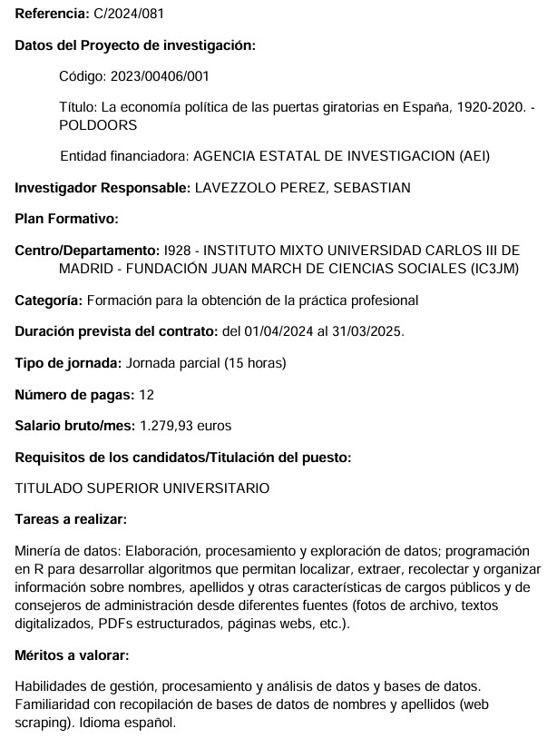 💥OFERTA DE TRABAJO ¡Únete a mi proyecto sobre las PUERTAS GIRATORIAS EN ESPAÑA!

Buscamos Asistente de Investigación con habilidades en ciencias computacionales / gestión y análisis de bases de datos 📊

Envía tu solicitud del 4 al 8 de marzo: aplicaciones.uc3m.es/atenea/publico…

+ info DM