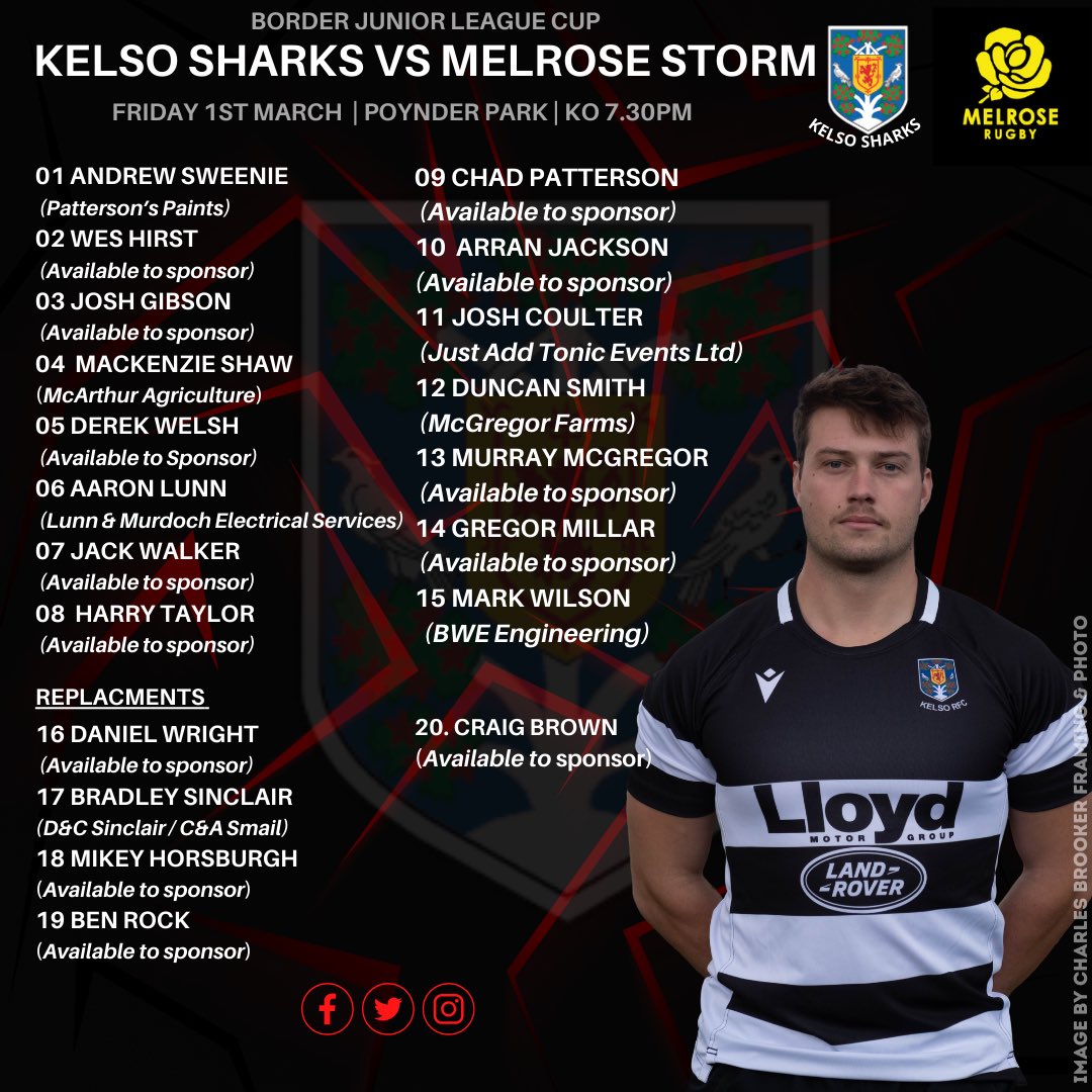 KelsoRugby's tweet image. ⚫️⚪️ SQUAD ANNOUNCEMENTS ⚫️⚪️

Kelso RFC 1st XV squad to play Hawick RFC in the Premiership Play off Semi-Final tomorrow.

📍Mansfield Park
⏰ KO 3pm

Kelso Sharks squad  to play Melrose Storm this evening.

📍Poynder Park 
⏰ KO 7.30pm

⚫️⚪️

#OneClub #OneCommunity