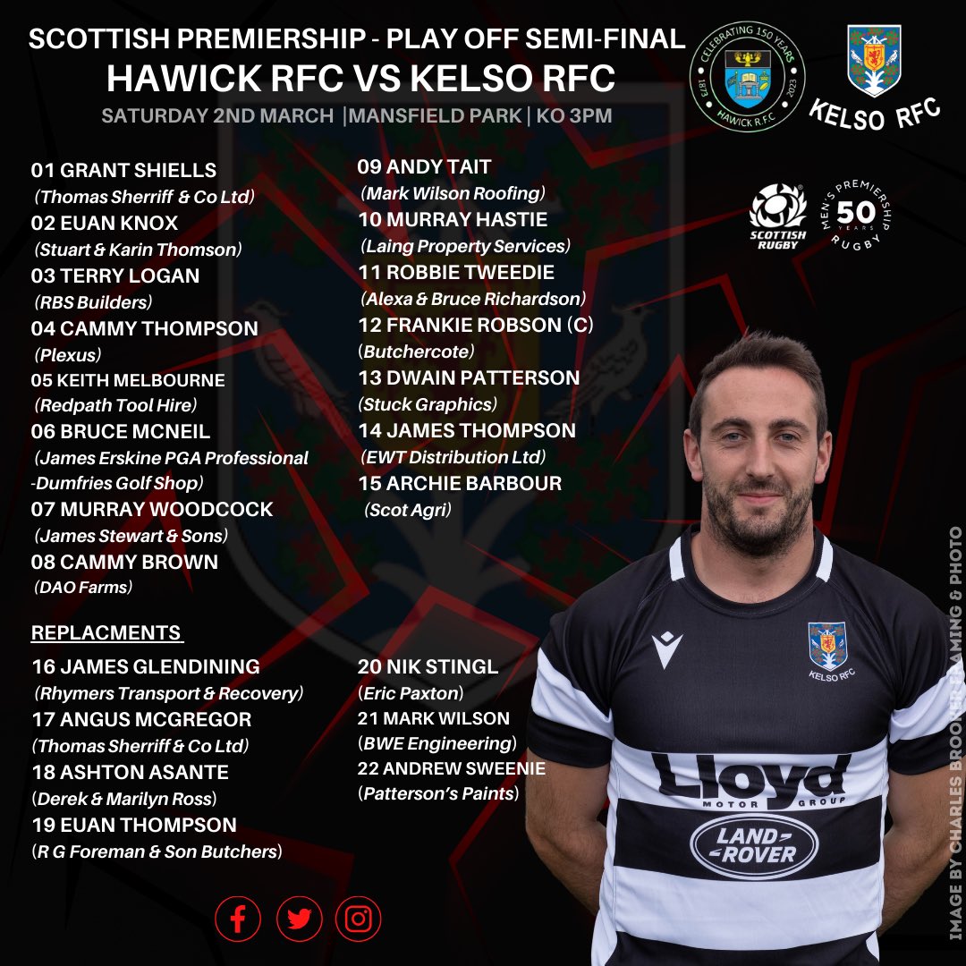 KelsoRugby's tweet image. ⚫️⚪️ SQUAD ANNOUNCEMENTS ⚫️⚪️

Kelso RFC 1st XV squad to play Hawick RFC in the Premiership Play off Semi-Final tomorrow.

📍Mansfield Park
⏰ KO 3pm

Kelso Sharks squad  to play Melrose Storm this evening.

📍Poynder Park 
⏰ KO 7.30pm

⚫️⚪️

#OneClub #OneCommunity