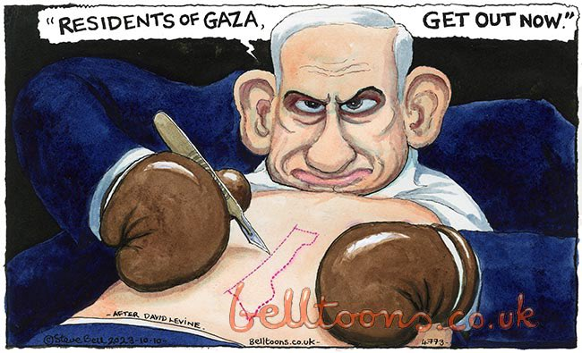 In retrospect, this censored 2023 @guardian @bellbelltoons cartoon was spot on. Netanyahu is destroying #GAZA but also destroying #Israel.