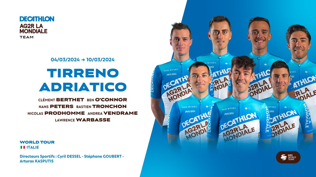 🇮🇹 @TirrenAdriatico 📅 04/03 - 10/03 🇫🇷 @clem_berthet 🇦🇺 @ben_oconnor95 🇫🇷 @NansPeters 🇫🇷 @BastienTronchon 🇫🇷 @NicoProdhomme 🇮🇹 @AndreaVendra 🇺🇸 @larrywarbasse #DECATHLONAG2RLAMONDIALETEAM