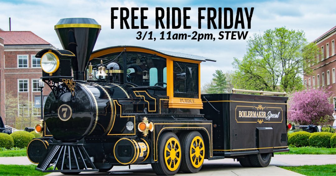 Join us today, 3/1, for Free Ride Friday supporting Mental Health Action Week from 11am-2pm! The pickup location will be in front of the Stewart center! Boiler up!