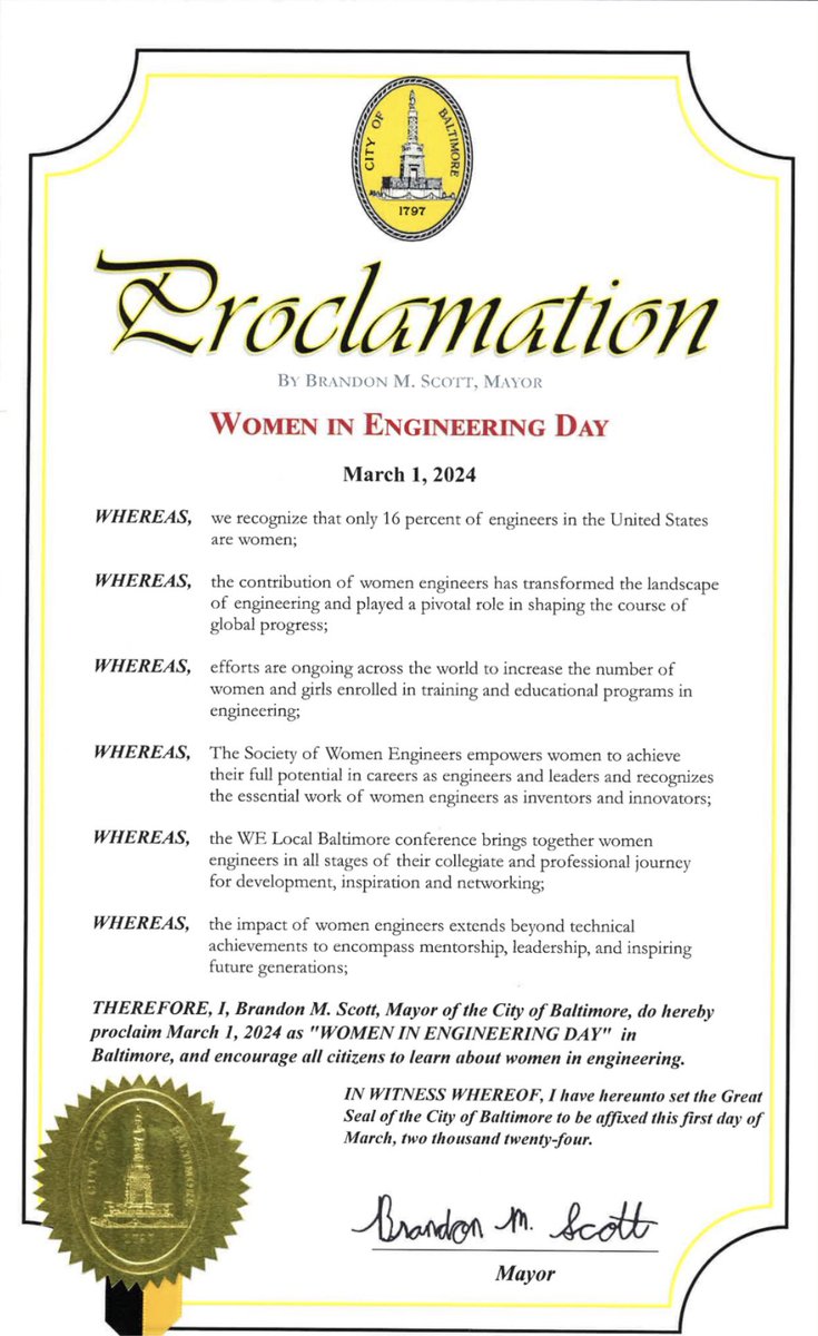 predaina's tweet photo. Hear ye, hear ye. It’s Women in Engineering day in Baltimore! Thank you @MayorBMScott for the recognition of women in the noble profession of #Engineering.
I’m ready to celebrate today at the sold out #WELocalBaltimore conference.
#BeThatEngineer #WELocal @SWEtalk #Baltimore https://t.co/Mimy50d81N