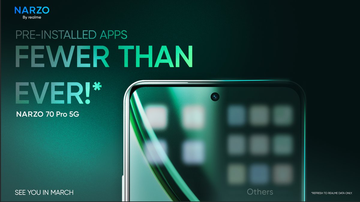realmenarzoIN's tweet image. Clueless about unnecessary apps cluttering your phone?

The #NARZO70Pro5G prioritizes your experience with fewer pre-installed apps than ever.

#NARZORefinedSoftware

Discover More: amzn.to/3OPGZ2D