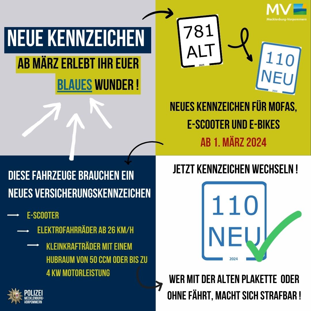 📢 Aufgepasst alle Mofa-, E-Scooter- und E-Bike-Fans! Am 01. März ist es wieder soweit - Zeit für einen Wechsel der Versicherungskennzeichen! Vergesst nicht, euer neues Kennzeichen rechtzeitig zu besorgen, um weiterhin sicher unterwegs zu sein. Sicherheit geht schließlich vor!