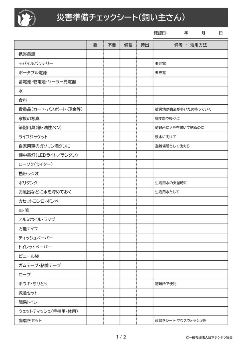 JapanChinchilla's tweet photo. 関東で地震が頻発しております。

不安な方も多いと思いますので各自、出来る対策や準��をして頂ければと思います。

過去の震災被災者の声を元に作成したチェックシートです。

ご自身に何が必要か、いま一度確認していただければと思います。1/2

#チンチラ https://t.co/wxtk3vcFcc