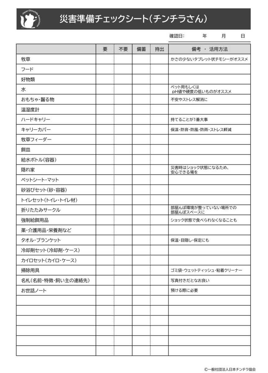 JapanChinchilla's tweet photo. 関東で地震が頻発しております。

不安な方も多いと思いますので各自、出来る対策や準��をして頂ければと思います。

過去の震災被災者の声を元に作成したチェックシートです。

ご自身に何が必要か、いま一度確認していただければと思います。1/2

#チンチラ https://t.co/wxtk3vcFcc