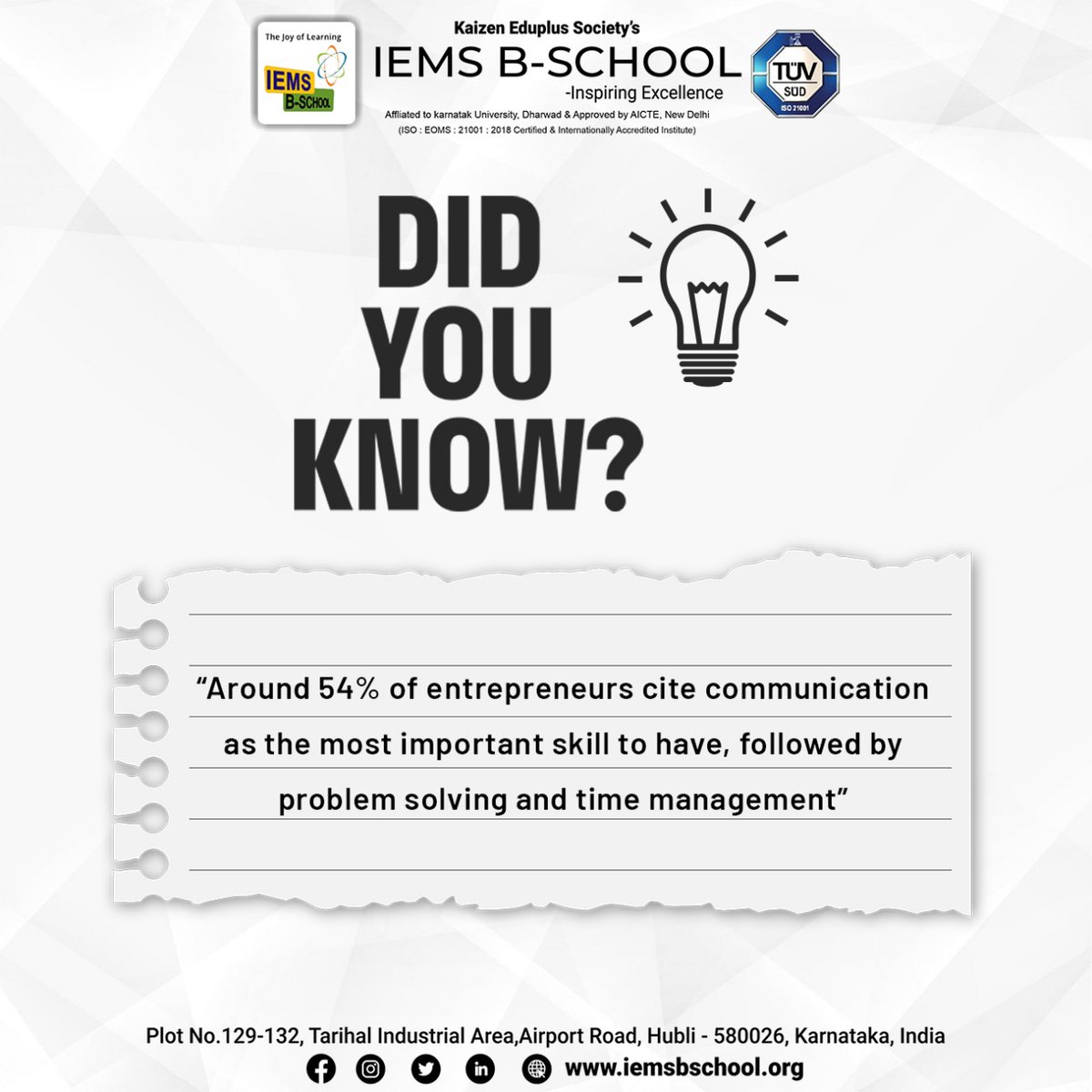 Mastering the art of success: Entrepreneurs reveal the key to thriving in the business world. 
Communication takes the lead at 54%, paving the way for problem-solving and time-management skills.
.
#DidYouKnow #didyouknowfacts #mbaadmission2024 #hubli #mbahubli #IEMSBSchool