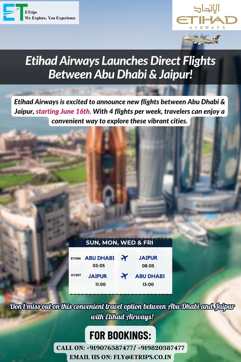 Etihad Airways Launches Direct Flights Between Abu Dhabi & Jaipur!
@etihad #EtihadAirways #AbuDhabi #Jaipur #DirectFlights #NewRoute #Etrips #Flightbooking #Hotelbooking #Tourpackage #Booknow #Travel #FlightLaunch #TravelConvenience #TravelIndia #ExploreIndia #TravelGoals