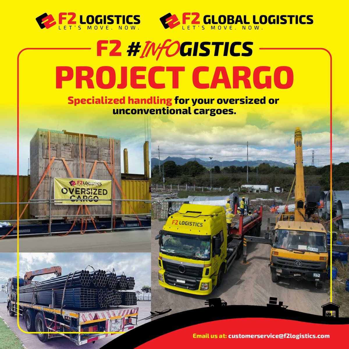 F2LogisticsPh's tweet photo. F2 #InfoGistics
Specialized handling for your oversized or unconventional cargoes.
F2 Logistics is committed to simplifying deliveries that involve your out of gauge items like project cargo, heavy lift and the like.
#LetsMoveNow
#F2Delivers
#ProjectCargo https://t.co/rIiGqAMby4