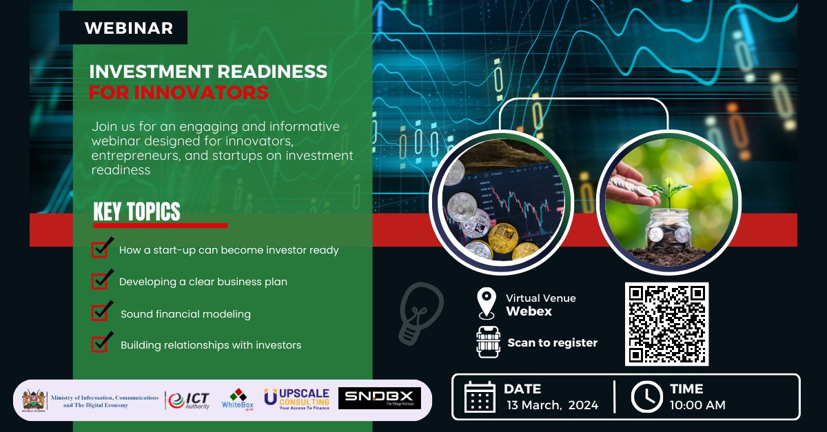 Overall, startups should approach investors with a clear understanding of their business and a compelling pitch that demonstrates the growth potential. Register here for the Whitebox  “Investment Readiness” webinar moictke.webex.com/weblink/regist… @SNDBXKe @s_nguku @ICTAuthorityKE