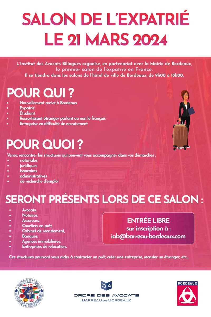 🚨Retenez la date: le salon de l'expatrié aura lieu le 21 mars ↪️ Organisé par l'institut des avocats bilingues 🏃🏃🏃 Venez nombreux !