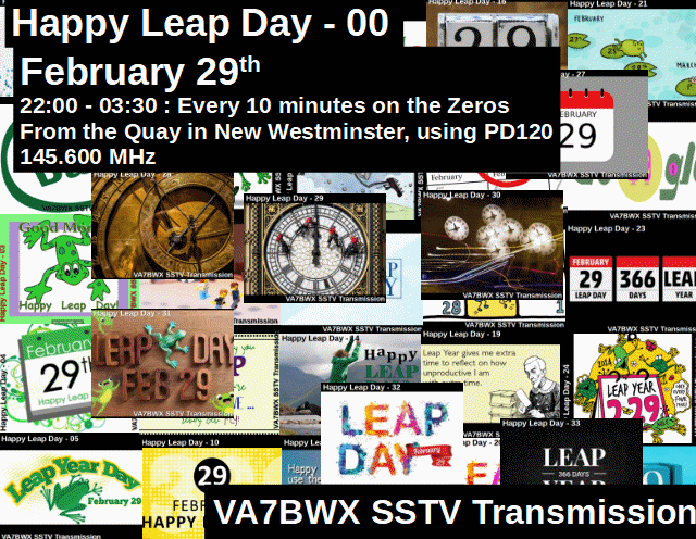 VA7BWX's tweet photo. Happy LEAP DAY SSTV Event
2024-02-29  from 22:00-03:30
The images are swooshing through the ether right NOW. 
 Happy Leap Day SSTV images from the Quay in New Westminster
22:00-03:30, every ten minutes on the zeros. 10:00, 10:10, 10:20 . . .  on 145.600 MHz Simplex using PD120 https://t.co/6NpZxBfKsS