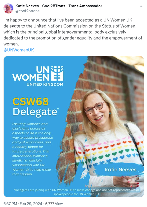 ripx4nutmeg's tweet photo. A cross-dressing male BBC podcaster who calls women 'cis (non-trans) women' and advocates for men to be in women's spaces, has been named as a UK delegate to the UN to promote the empowerment of women https://t.co/lsZR4UrItQ