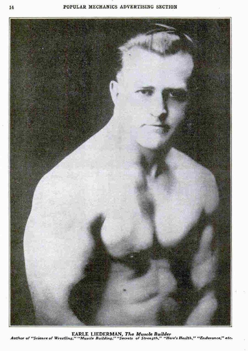 LRonLacy's tweet image. In #MARCH 1930
Kill This Man?
👇🧵
#EarleLiederman on #MuscularDevelopment
Popular Mechanics, March 1930, Advertising Section
&quot;Few athletes have had lives as filled with variety as #EarleELiederman. He began as a vaudeville strongman and in the mid-1920s became the undisputed ➡️
