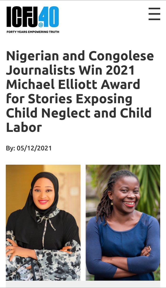 Congratulations @ICFJ on your 40th anniversary! Grateful for the chance to grow professionally as a journalist. 

PS: Thank you for recognizing my work with the 2021 Michael Elliot Award for Excellence in African Storytelling.

International Center for Journalists

#icfj40