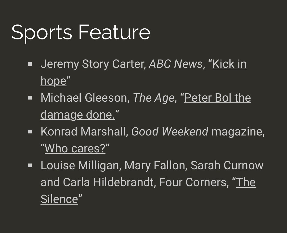 Delighted our #4Corners stories Hiding Behind Tombstones (The new legal tactics blocking justice for survivors) and The Silence (AFL’s last taboo) are nominated for <a href="/MelbPressClub/">Melbourne Press Club</a> #Quill Awards. 🙏 to all the people who put themselves on the line to make these stories happen.