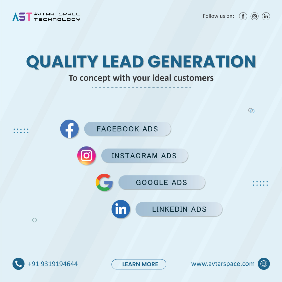 avtarspace's tweet image. Unlock the power of our Social Media Ad Services at Avatar Space Technology! Elevate your brand to new heights.

Connect us today!

📧 info@avtarspace.com
📞 +91 9319194644
🌐 avtarspace.com

#avtar_space_technology #leadgeneration #socialmedia #digitalmarketing