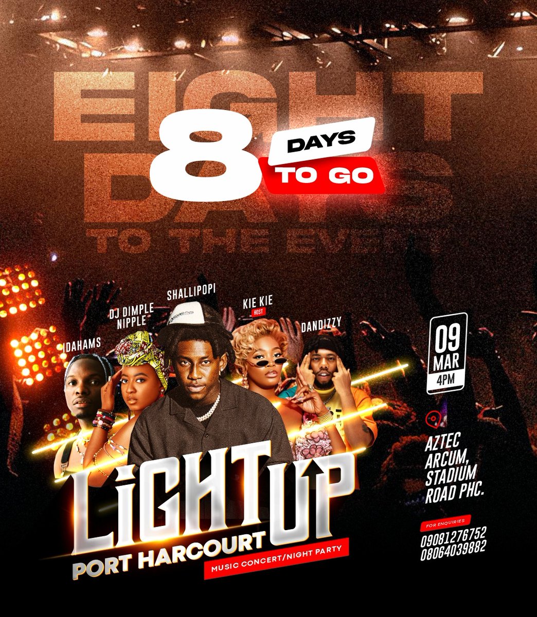 PHMicroscope's tweet photo. We are still counting down and it's just 8 days to the biggest concert in the city of Port Harcourt.
#LightUpPH is on the 9th of March 2024.
Get your tickets now
.
Happy New Month Dunsin Oyekan Lord Lamba Pastor Chris NIN and BVN Pogba Donald Duke Morgan Freeman Portable https://t.co/IpVNxPGmg7