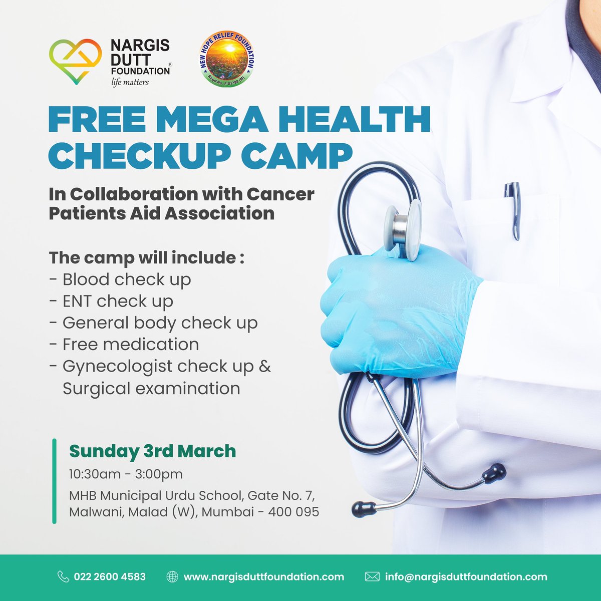 Enhance your health journey with us! Nargis Dutt Foundation and Cancer Patient Aid Association unite for a life-changing event: a free mega health check-up camp. Together, let's make health care accessible to all on 3rd March, 2024. #LifeMatters #TheresMoreToLife