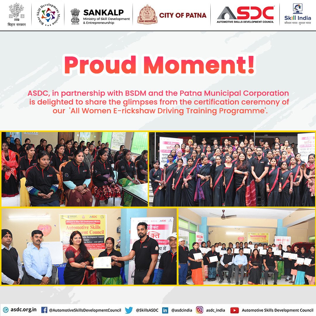 Proud Moment!

ASDC, in partnership with BSDM and the Patna Municipal Corporation is delighted to share the glimpses from the certification ceremony of our 'All Women E-rickshaw Driving Training Programme'.

#SkillIndia #Skills4All #SkillDevelopment #bihar #projectshakti #Sankalp