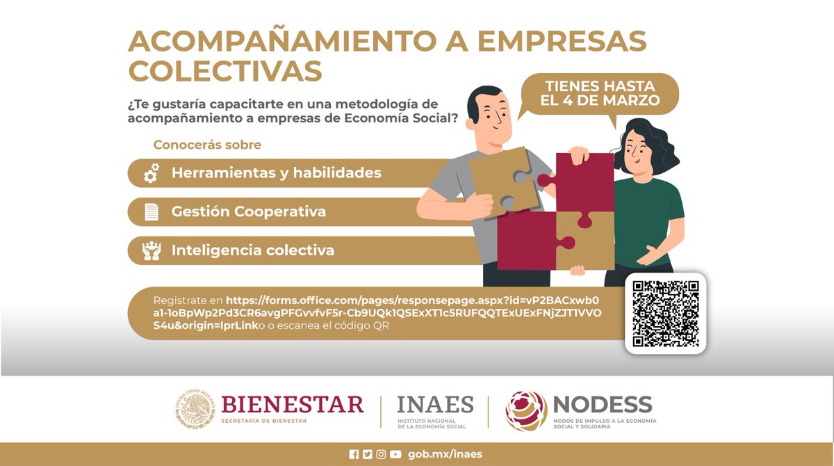 INAESMx's tweet photo. #INAES 🤓 pone a tu disposición "Acompañamiento a Empresas Colectivas" donde te guiara paso a paso dentro de la #ESS. Tienes hasta el lunes 04 de marzo para realizar tu inscripción. Da clic en el link o Escanea el Código Qr. Link:https://t.co/EShH86ApM0 https://t.co/dRjlsurMuX