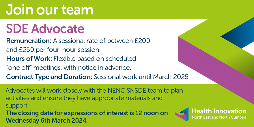📣 FINAL REMINDER! We're looking for an #SDE Advocate to join the North East &amp; North Cumbria ‘Sub-National Secure Data Environment’ programme! Please submit an expression of interest before 12 noon on Wednesday 6th March 2024. Find out more ⬇️ 
healthinnovationnenc.org.uk/who-we-are/joi…