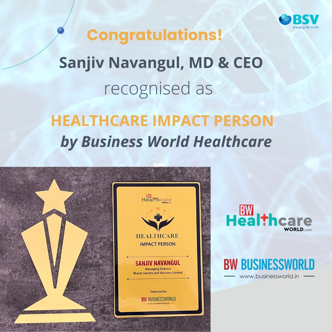 Proud to announce that @SanjivSnavangul, MD & CEO of BSV, has been honored as the 'Healthcare Impact Person' by Business World Healthcare. This recognition underscores our commitment to making a positive difference in the healthcare sector. #bsvwithu