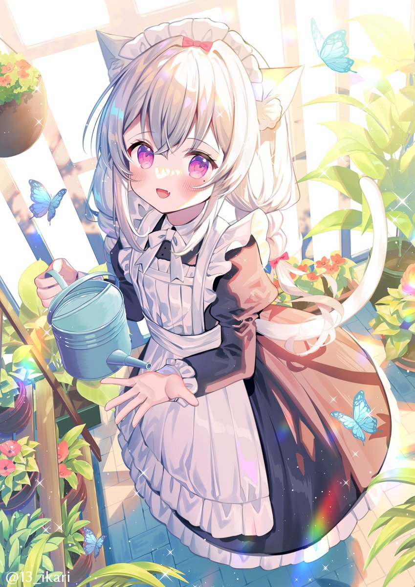 1girl animal ears watering can maid bug cat ears tail  illustration images
