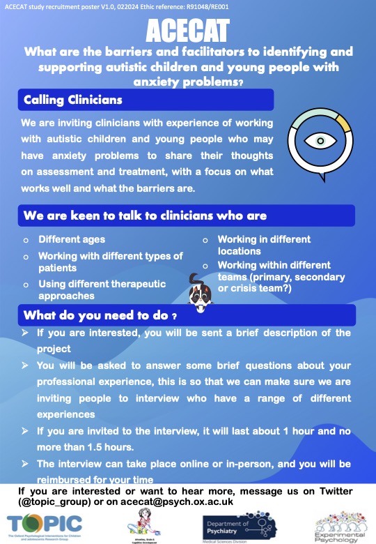 📢Are  you a clinician who has worked with autistic children and young people with probable anxiety? We want to hear about your  experiences. Please take part in <a href="/topic_group/">TOPIC Research Group</a> research project by contacting ACECAT Team,  or completing the screening survey: oxfordxpsy.az1.qualtrics.com/jfe/form/SV_5y…