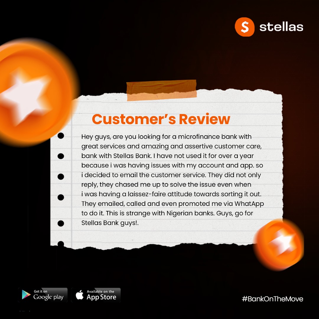 stellasbank's tweet image. Marching into the new month with stellar reviews! 
Your satisfaction is our priority at Stellas Bank. 

Here’s to another month of exceptional service and happy customers. 
#BankOnTheMove 
#CustomerSatisfaction”